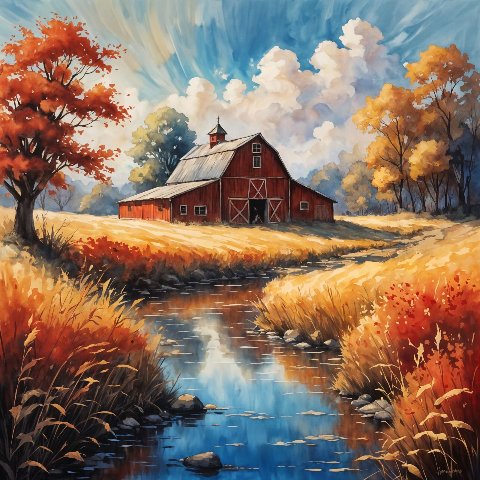 Red Barn Landscape in Rackham and Kinkade Style