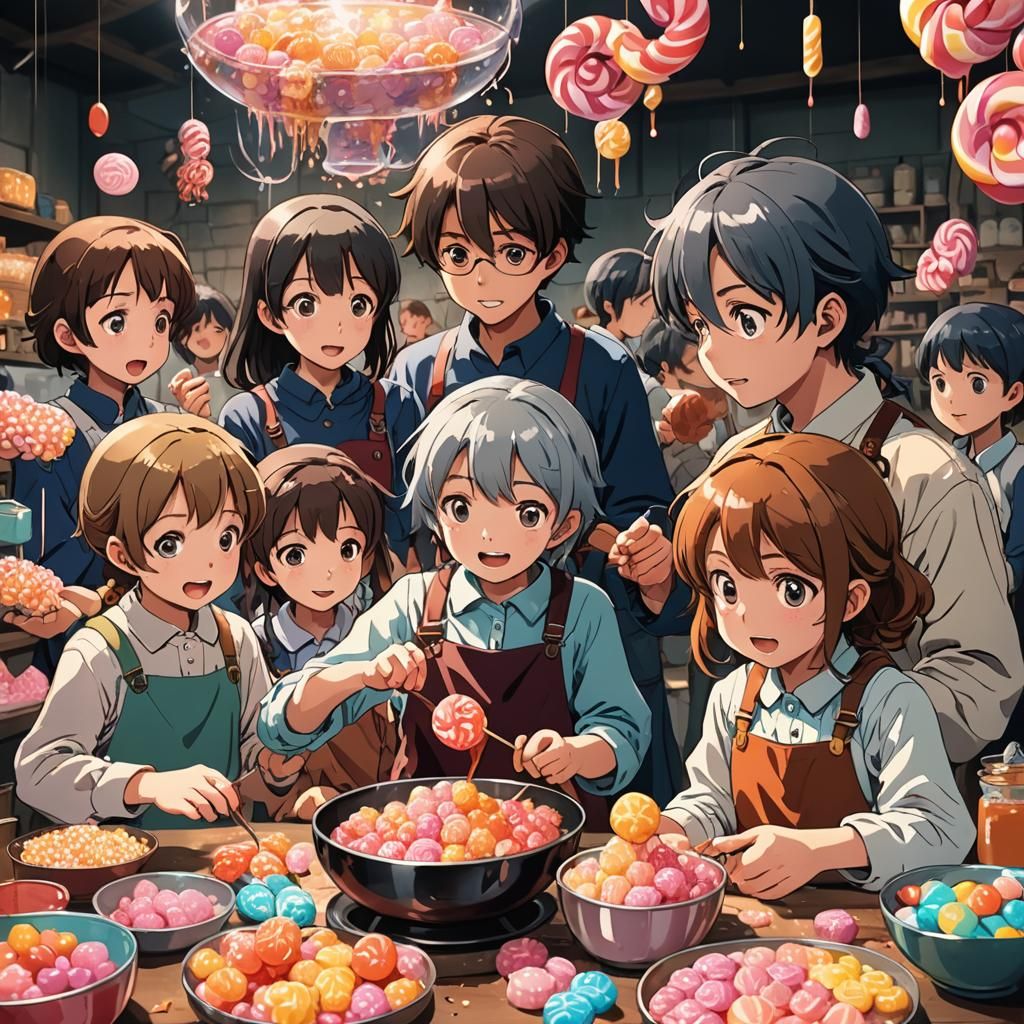 Children Witness Sugar Pouring in a Vibrant Anime-Style Cand...