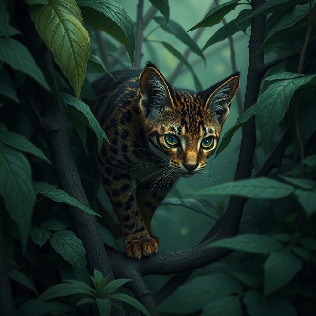 Kodkod Cat Climbing Through Dense Forest