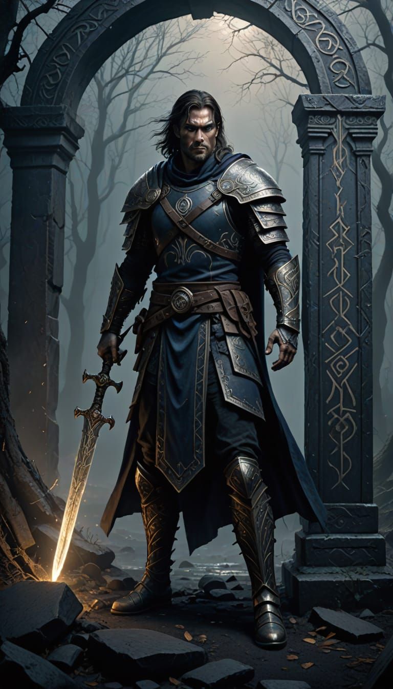 Dark Fantasy Warrior Stands Before Ancient Rune-Carved Porta...
