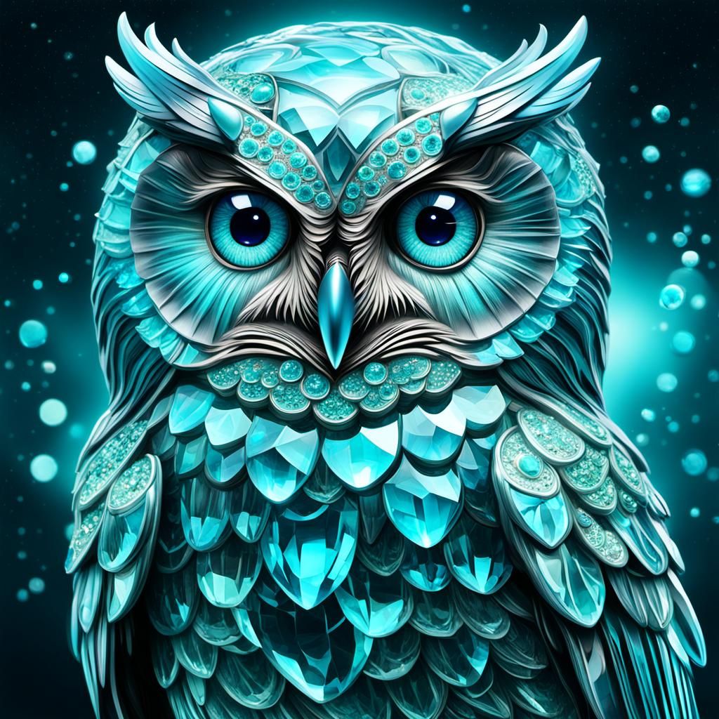 Enchanted Aquamarine Owl in Whimsical Fantasy Art