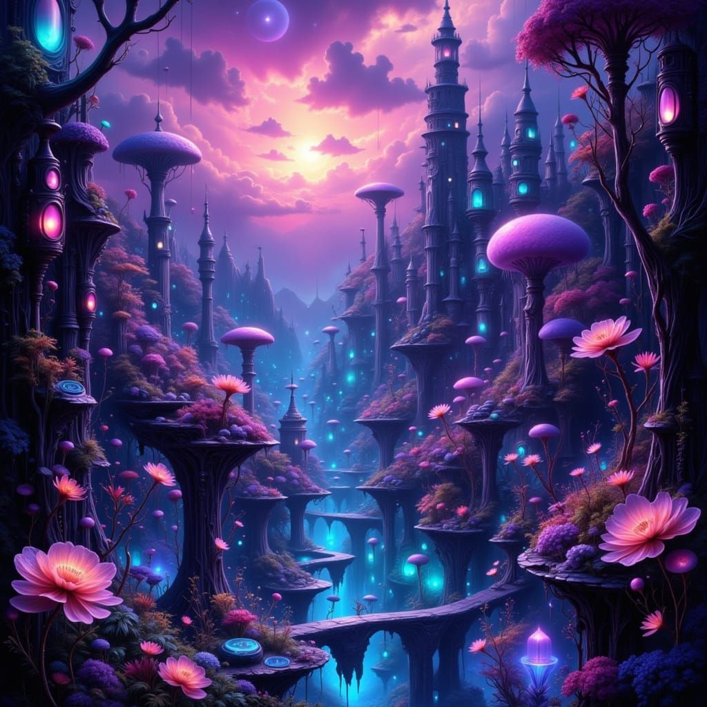 Bioluminescent Flora in Alien Cityscape