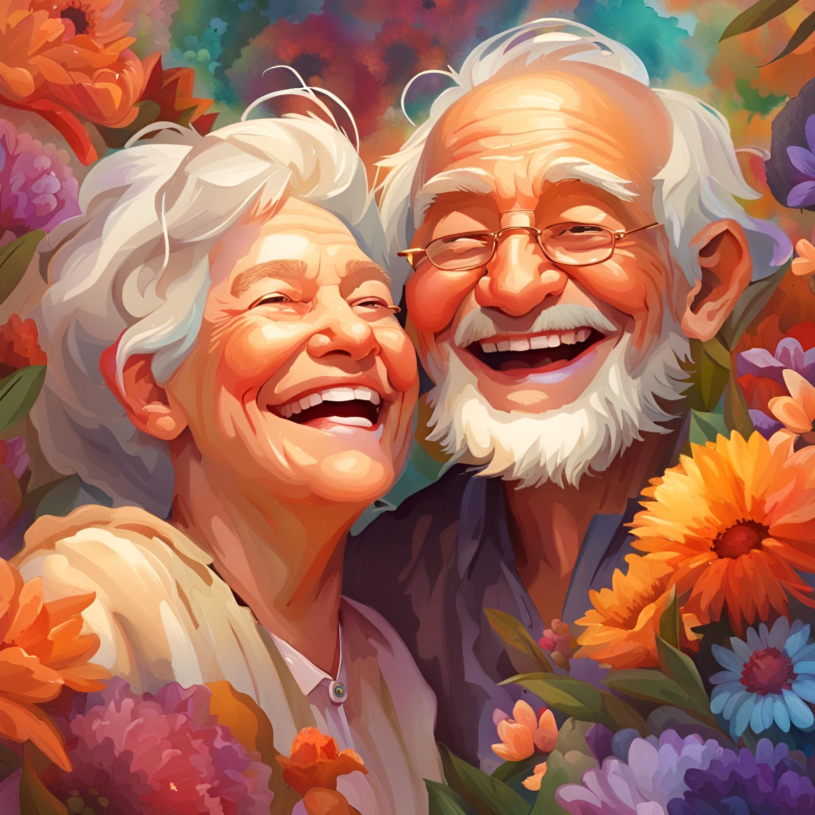 Joyful Elderly Couple Surrounded by Vibrant Flowers