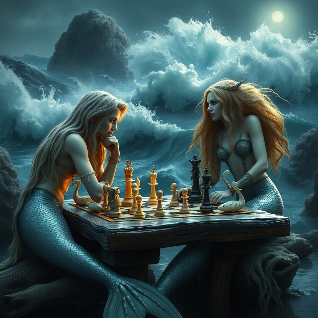 Luminescent Mermaid Engages Pirate in Whimsical Chess Match