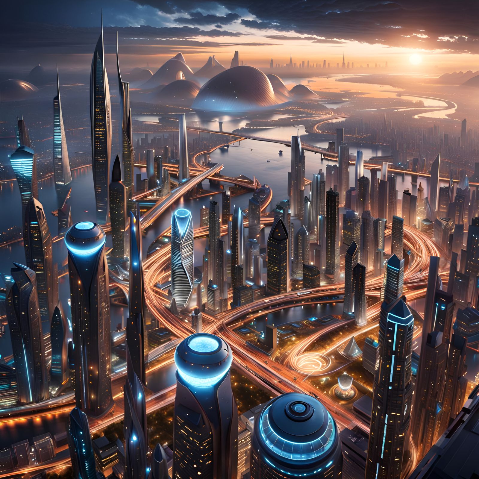 Vibrant Futuristic Metropolis Unveils Splendid Evening Horiz...