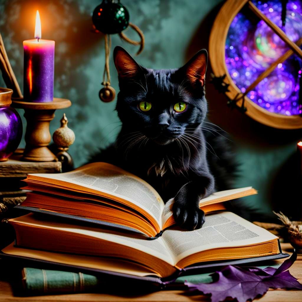 Enchanted Feline Seeks Mystical Knowledge Within Witch's Cot...