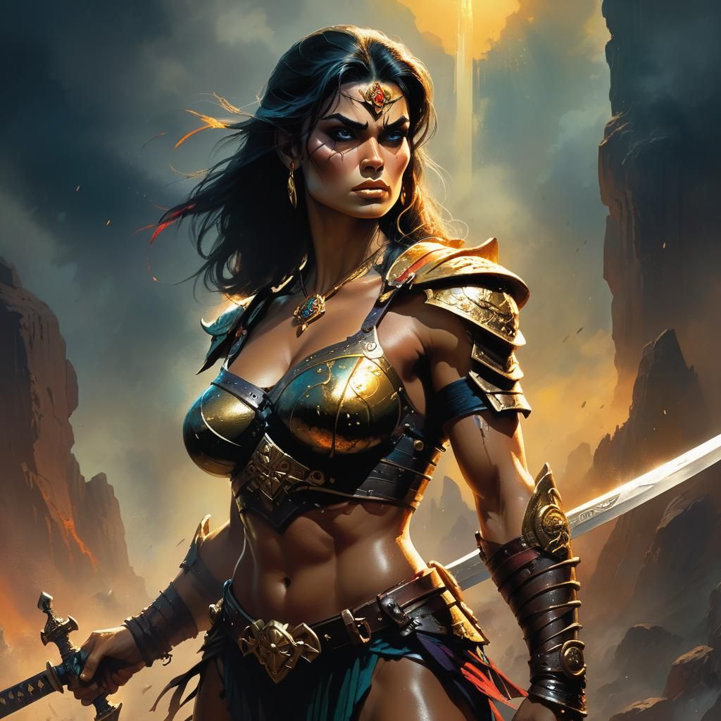 Ethereal Dark Fantasy Goddess with Sword, Hyper-Realistic Co...