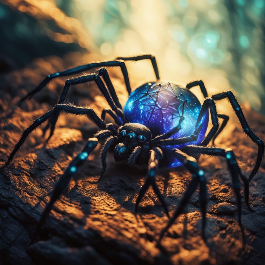 Mysterious Black Spider on Ancient, Glowing Relic