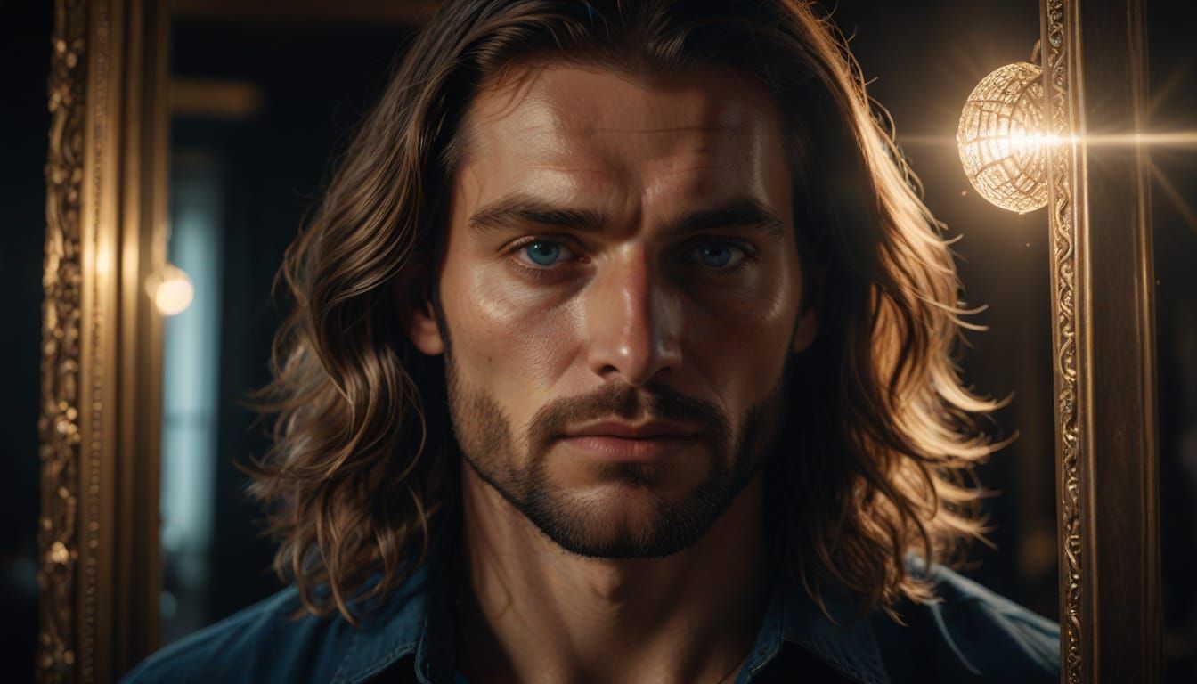 Detailed Portrait of Man Admiring Himself as Digital Art