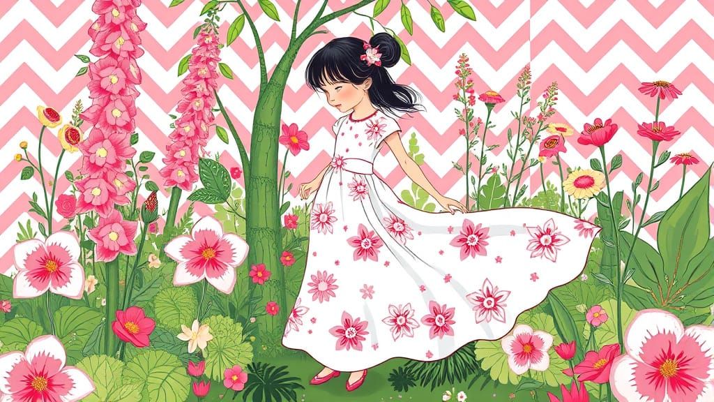 Feminine Whimsy in a Vibrant Floral Garden