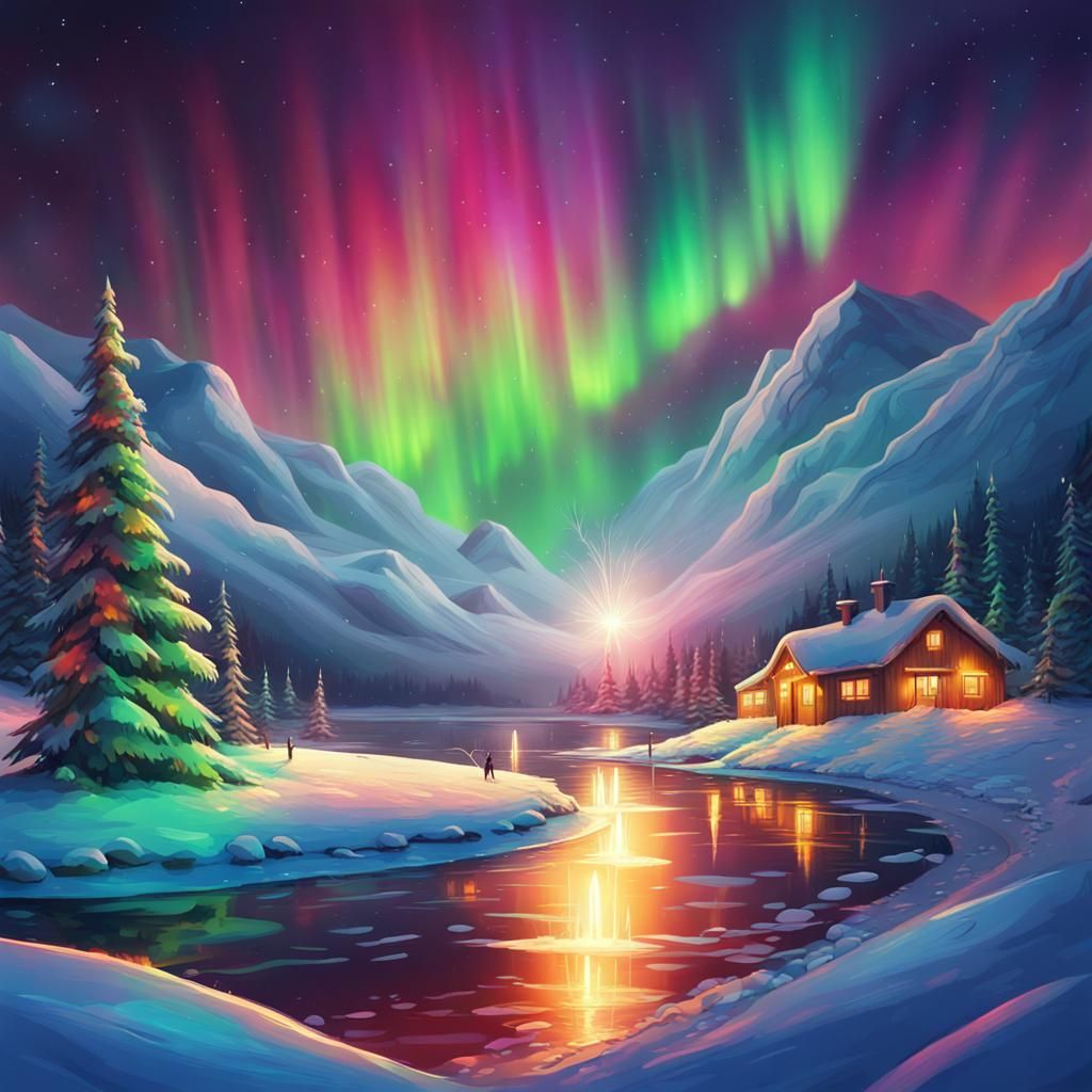 Christmas Celebration Under Vibrant Northern Lights