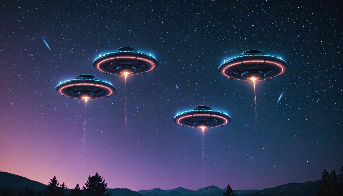 Cyberpunk-Inspired UFOs Soar Through a Starry Night Sky