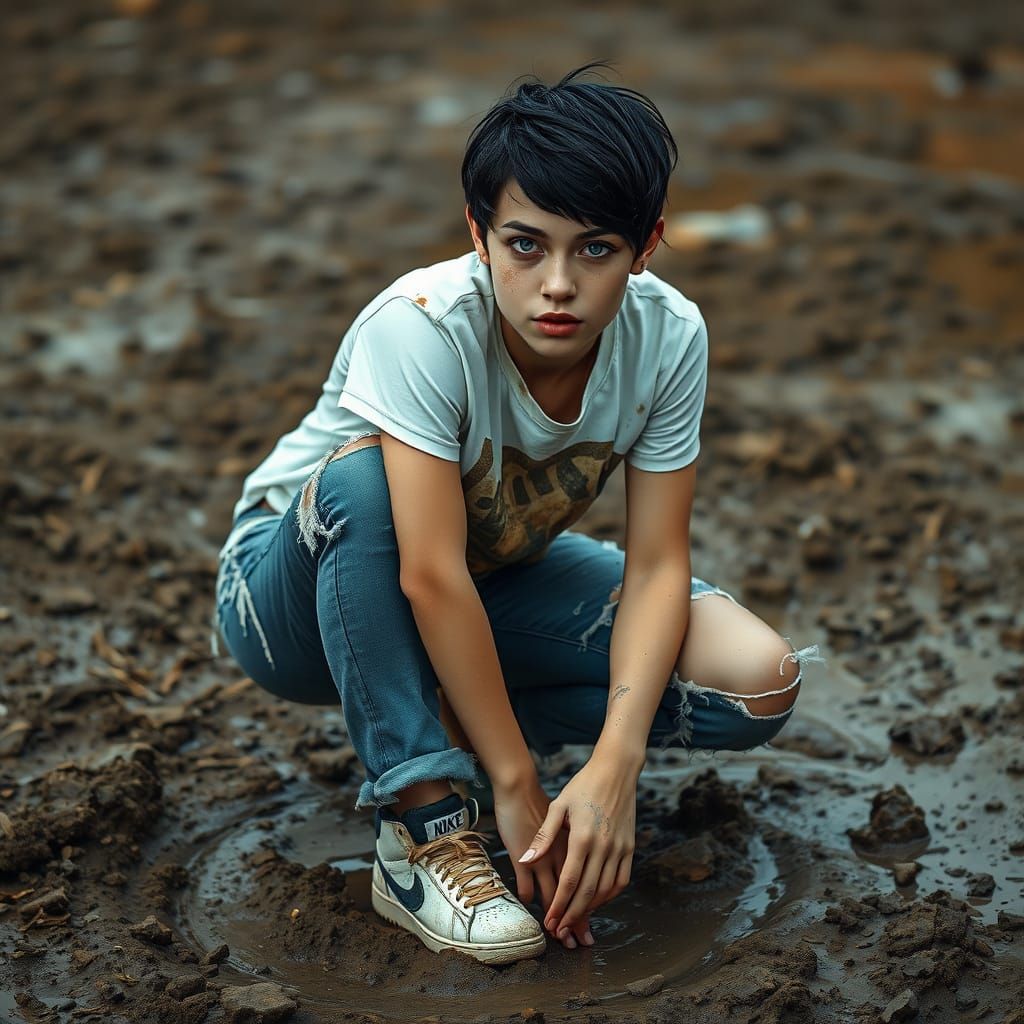 Young Woman in Muddy Terrain: Gritty Realism