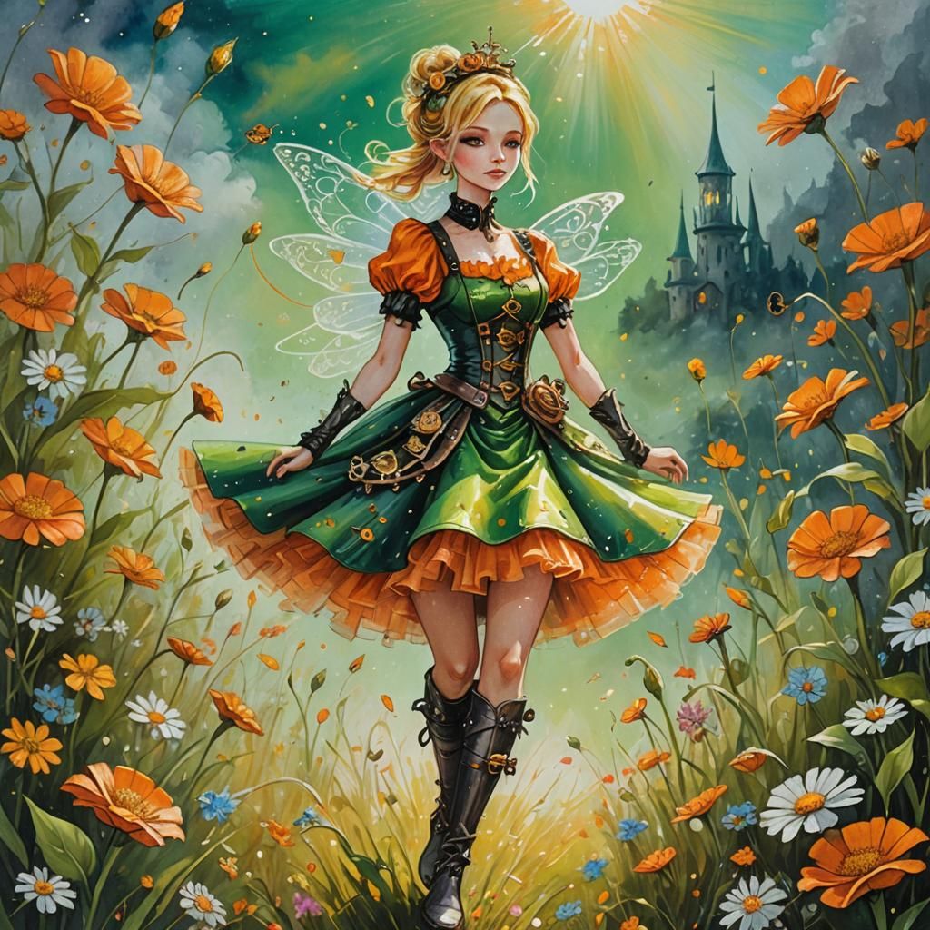 Whimsical Steampunk Fairy in Enchanted Landscape