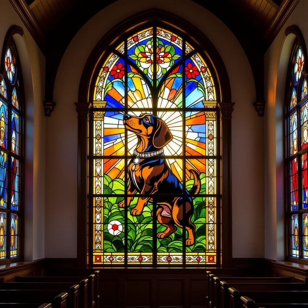 Sausage Dog Stained Glass Window in Church