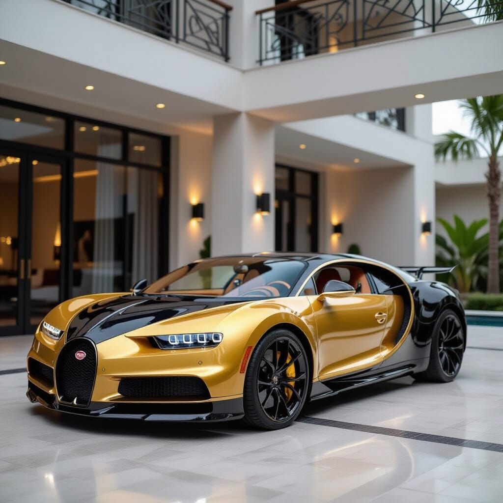 Gold Bugatti Chiron in Luxurious Villa Interior