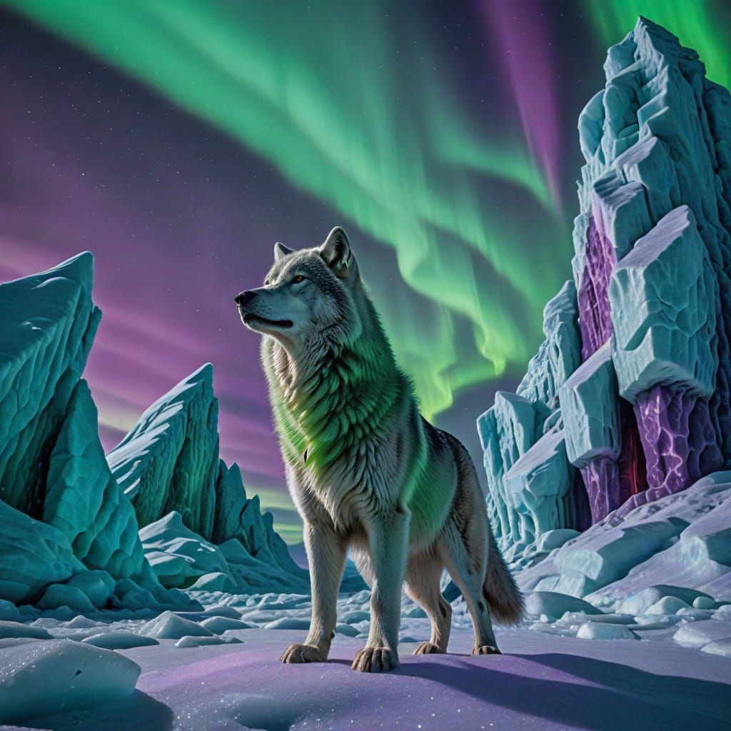 Lone Wolf Guards Frosty Glacier Temple Under Aurora Sky