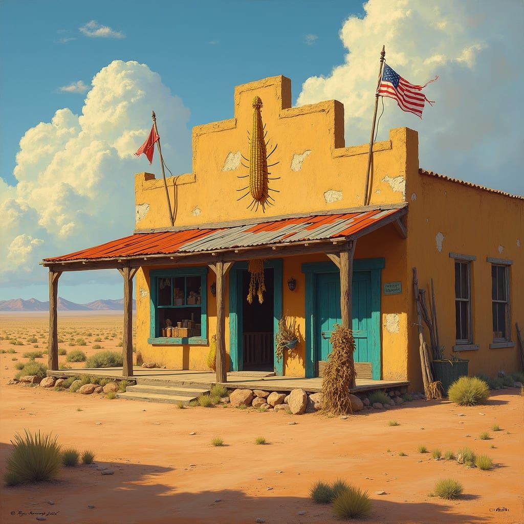 Adobe Trading Post at Sunset in Rustic Realism Style