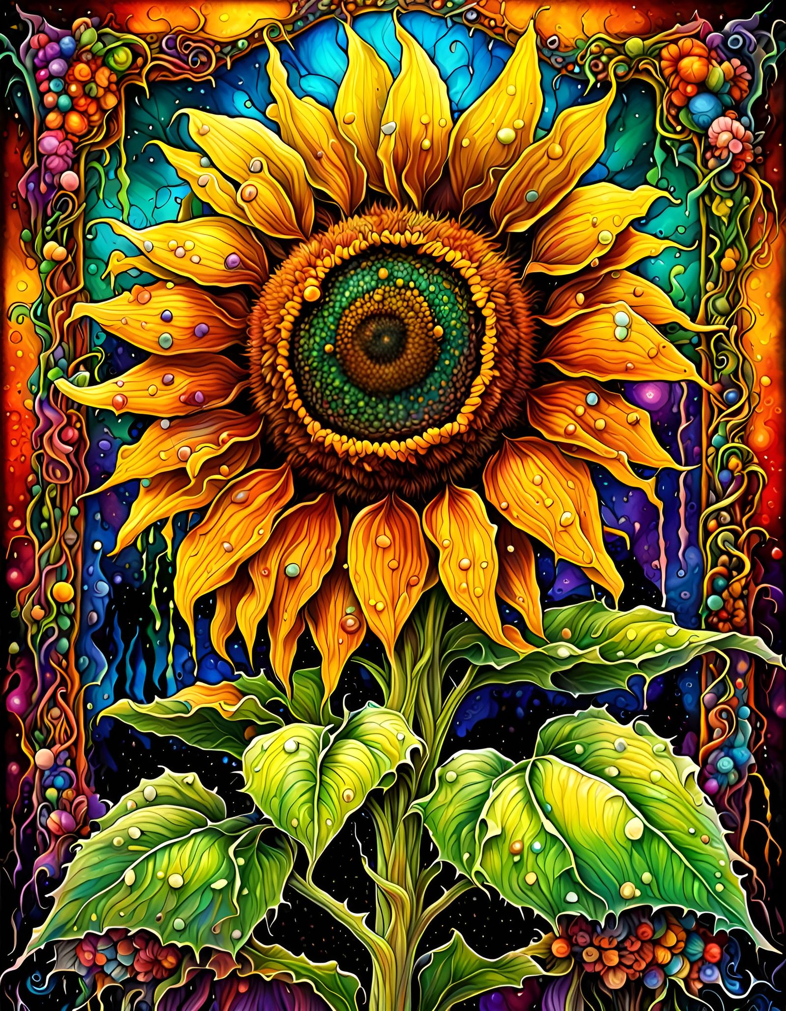 Psychedelic Sunflowers: Detailed Botanical Art
