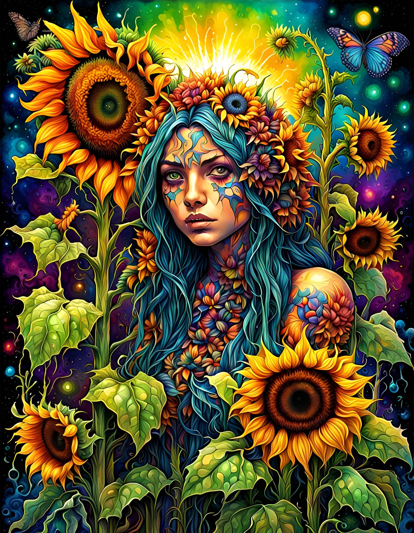 Psychedelic Sunflower Botanical Illustration in Fantastic Re...