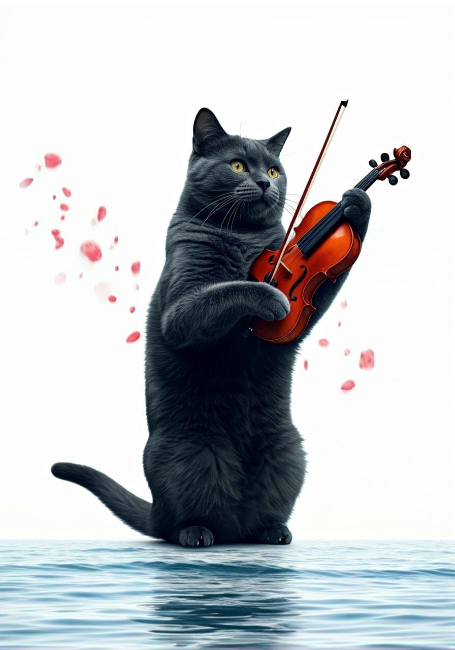 Large, majestic cat stands upright on hind legs, paws adeptly holding a delicate violin, its body a statuesque silhouett...