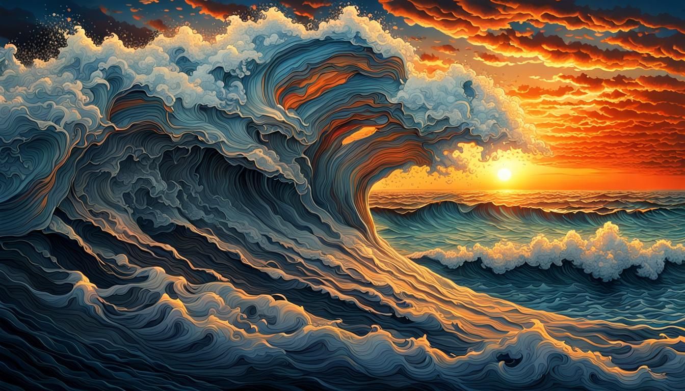 Surreal Sunset Ocean Scene in Hyperrealistic Digital Art