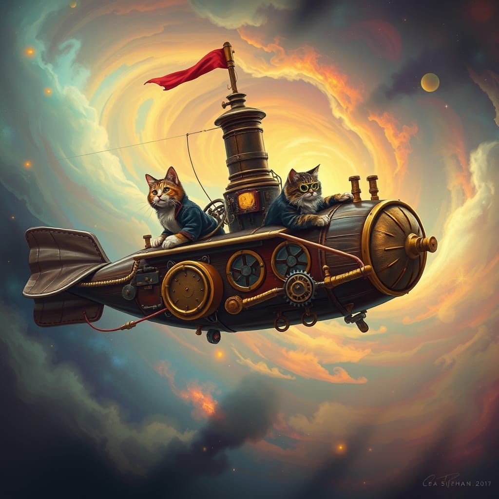 Steampunk Cat Airship Soars through Whimsical Nebula