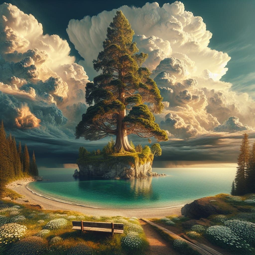 Ethereal Evergreen Majesty on a Vast Beach