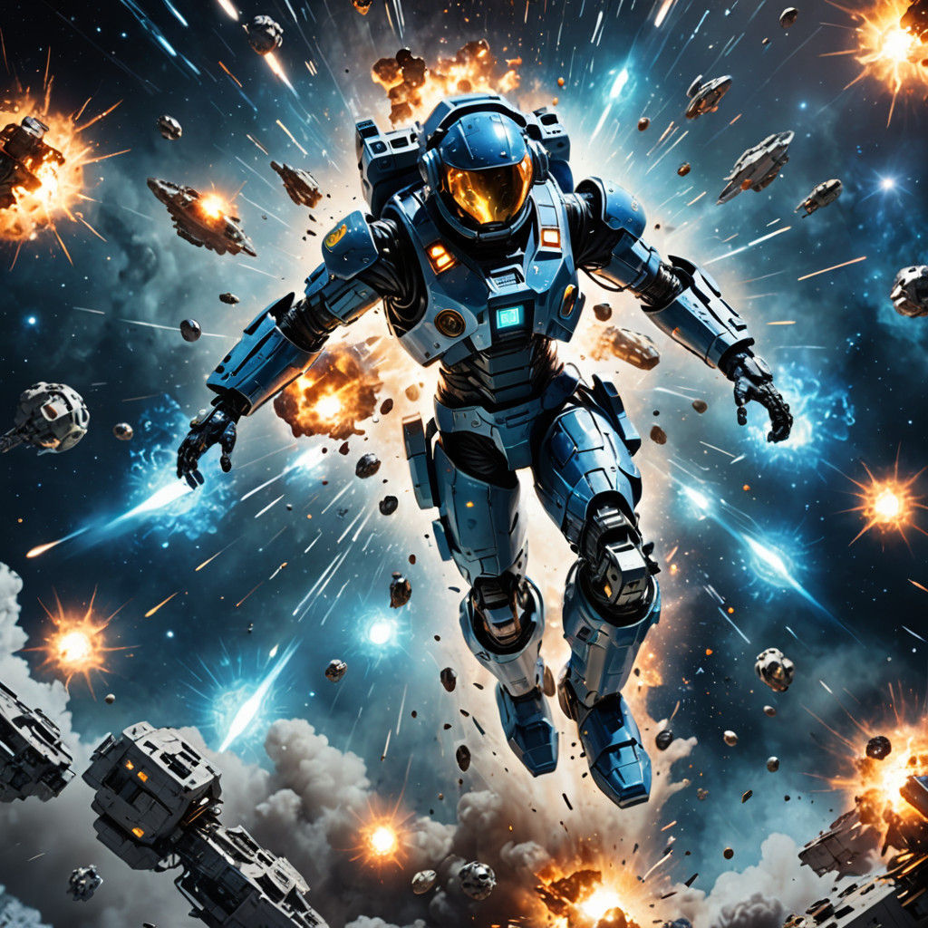 Astronaut in Cyberpunk Armor Surrounded by Supernova