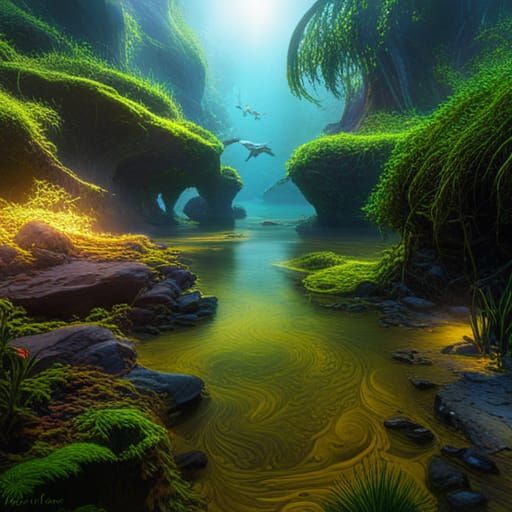 Intricate Fantasy River Scene in Deep, Vivid Colors