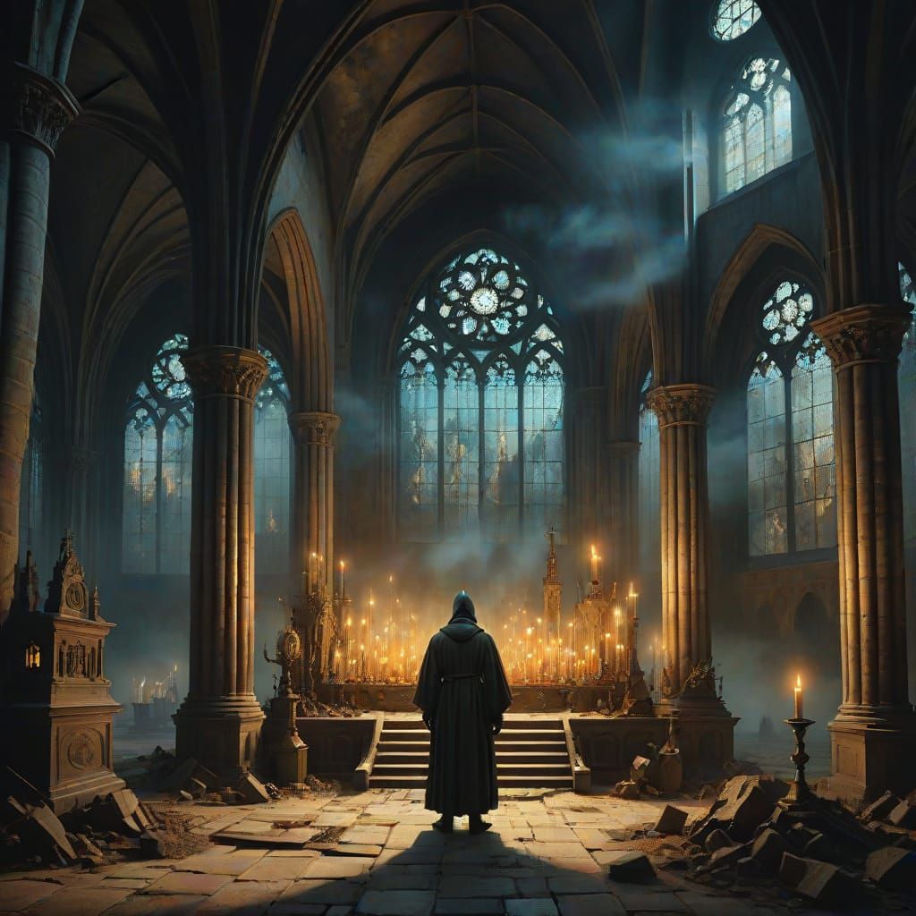 Surreal Alchemist in a Foggy Cathedral