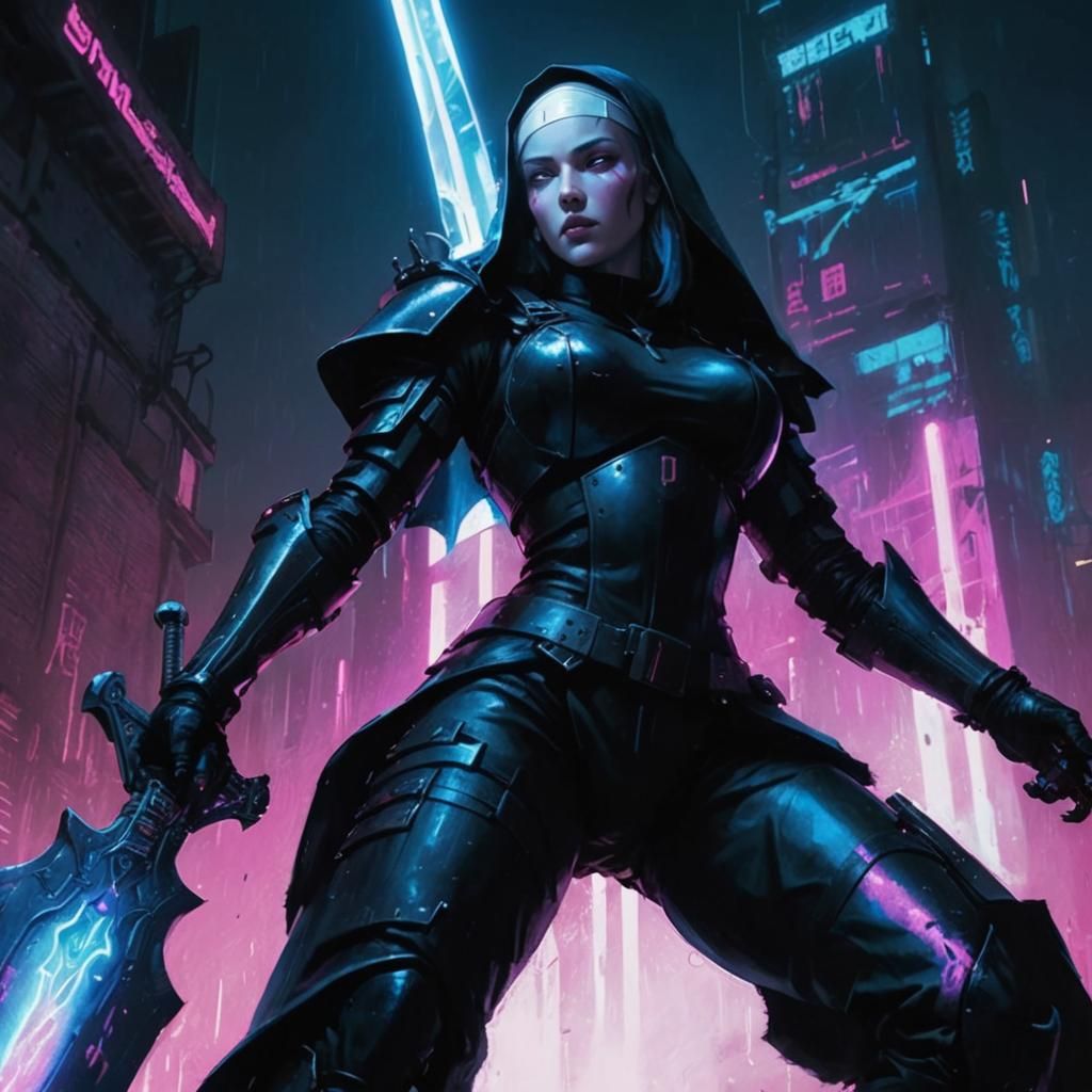 Cyberpunk Nun Warrior in Neon-Lit Convent