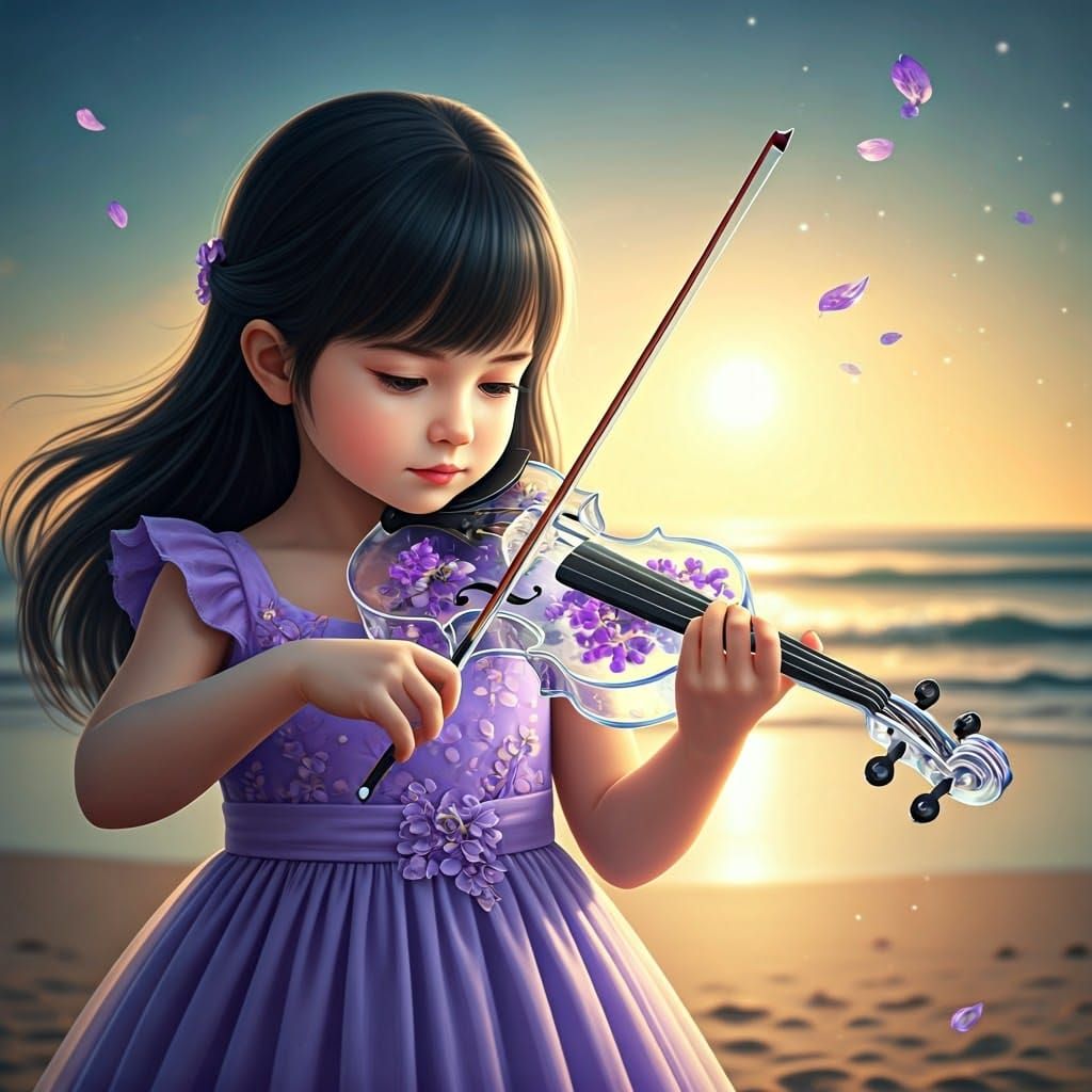 Little Girl Plays Glass Violin on Ocean Beach in Hyper Reali...