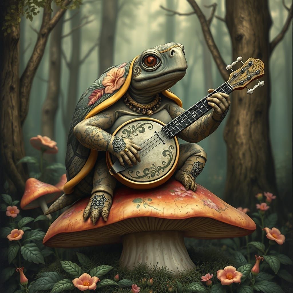 Wise Turtle Plays Banjo in Art Nouveau Style