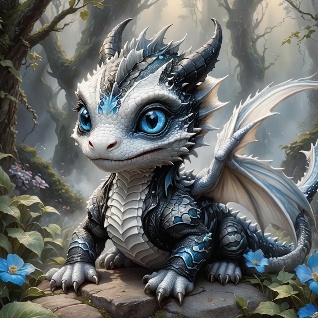 Cute Baby Dragon with Striped Fur and Blue Eyes in an Ethere...