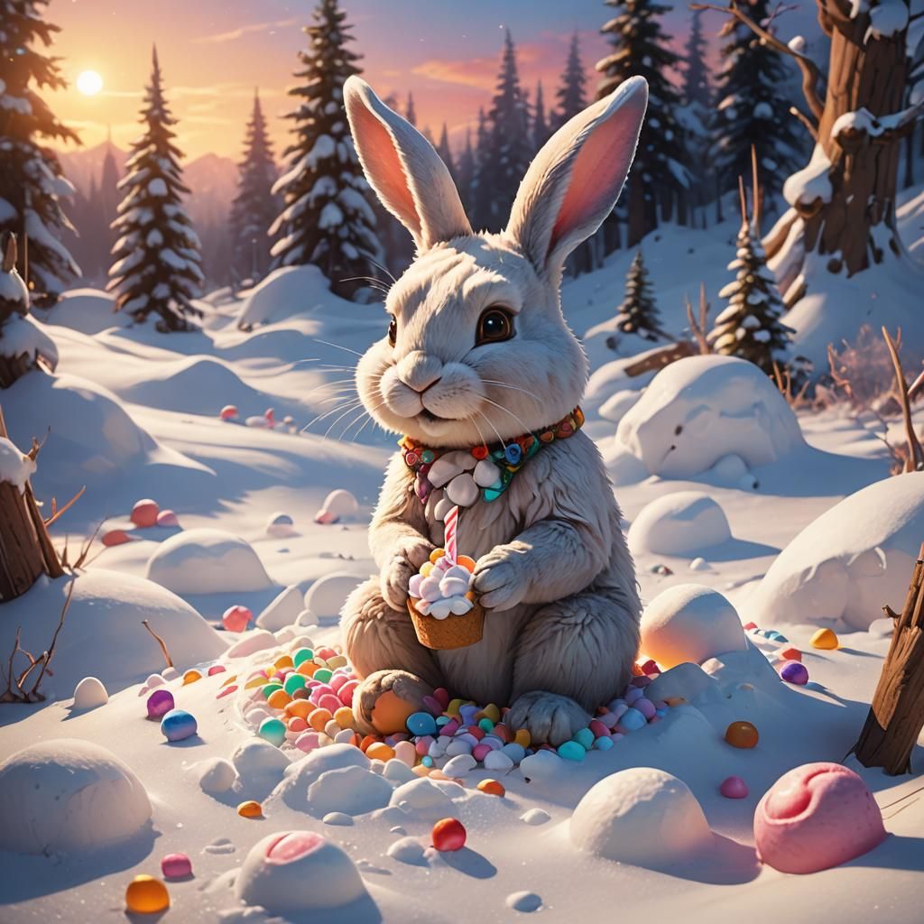Whimsical Fantasy Scene of a Bunny in Snowy Wonderland