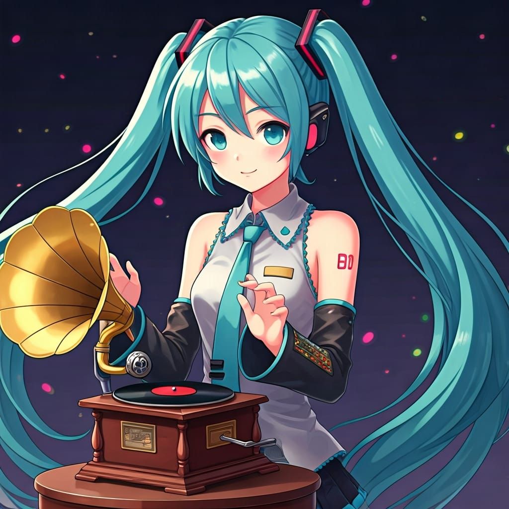 Hatsune Miku Scratches Gramophone in Anime Style
