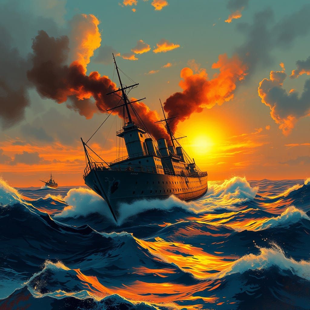 Battle-Shattered Pacific Warship in Sunset Chaos