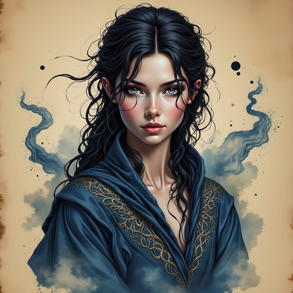 Ethereal Norse Goddess Portrait in Dark Watercolor and Ink