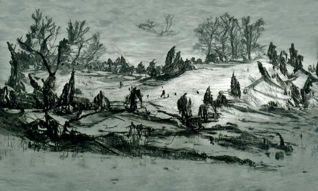 Landscape in Pencil Sketch Style with Woodcut Elements