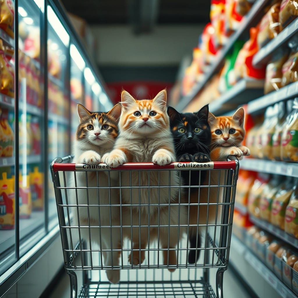 Surreal Cats Push Shopping Cart Down Cat Food Aisle in Cinem...