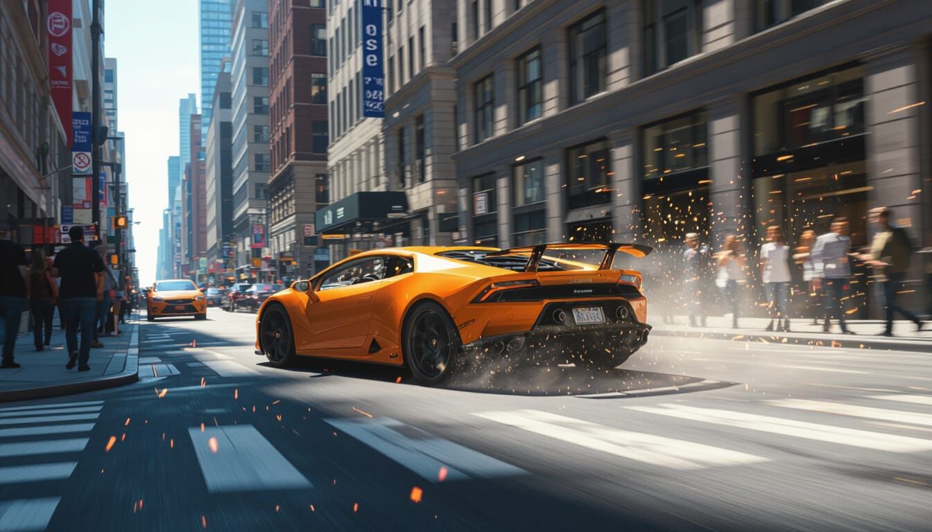 Orange Sports Car Swerves on Sunlit City Street