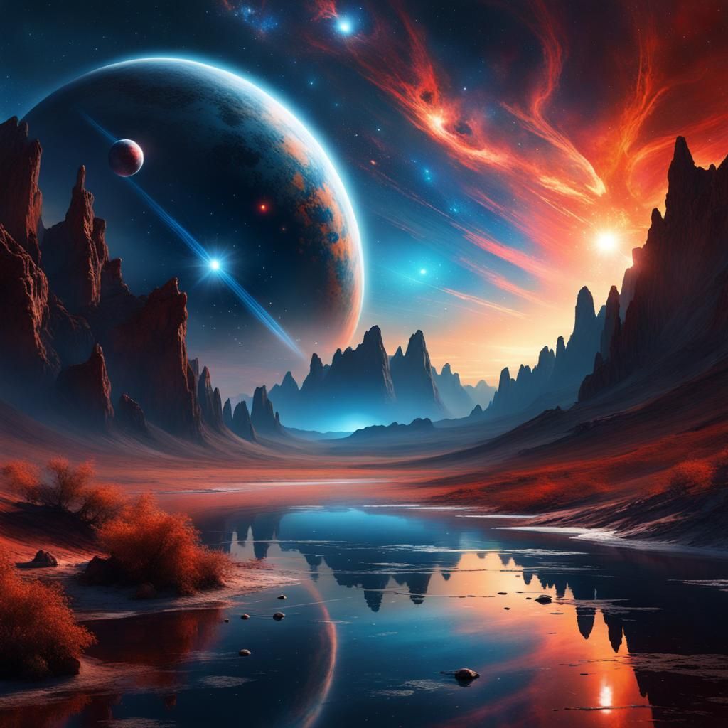 Cosmic Blue Planet Reflects on Tranquil Waters Amidst Vibran...