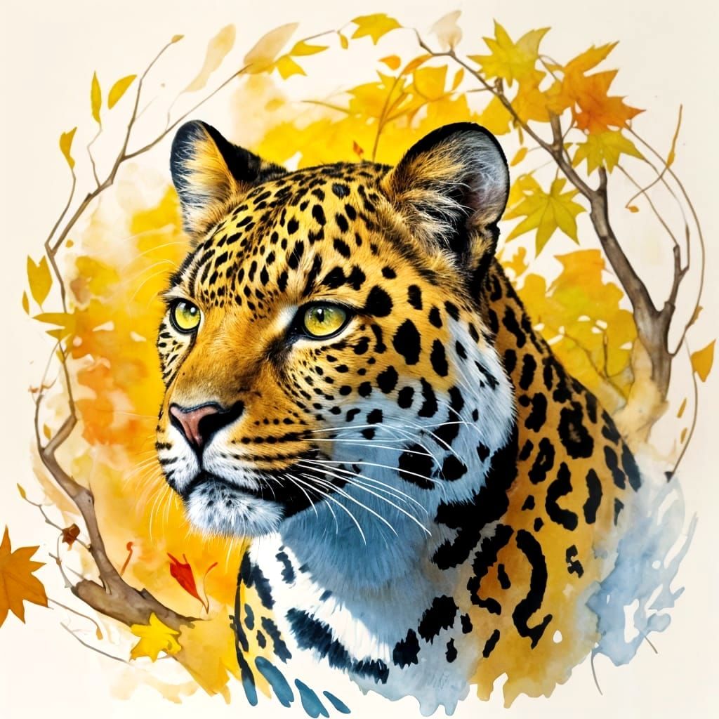 Leopard Peering Through Autumn Leaves in Watercolor Style