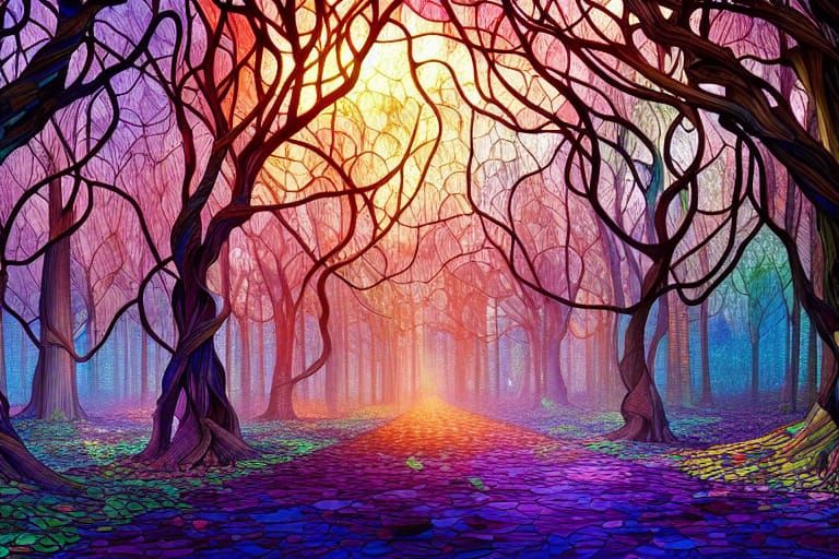 Surreal Stained Glass Forest in Awe-Inspiring Detail
