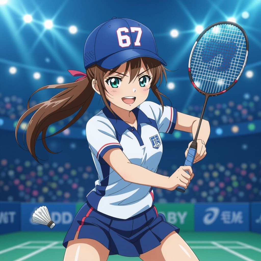 Anime Badminton Player in Action with Cap 67