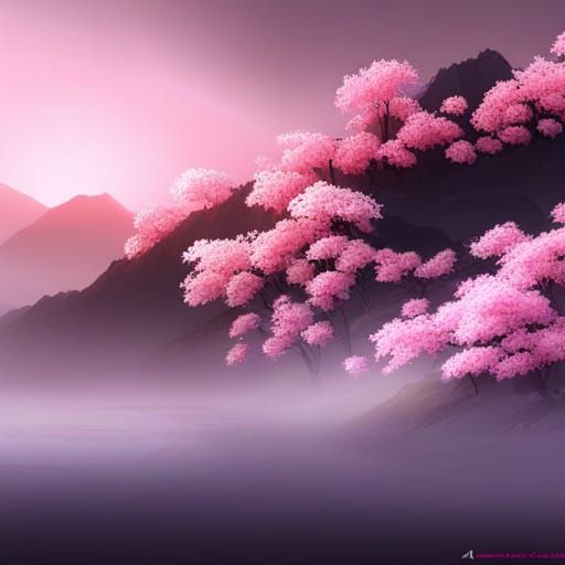 Sakura Blossoms Amid Frosty Mountain Mist
