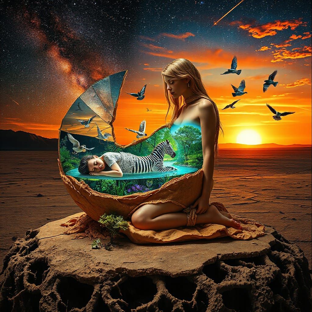 Surreal Sculpture of Woman Revealing Bioluminescent Oasis