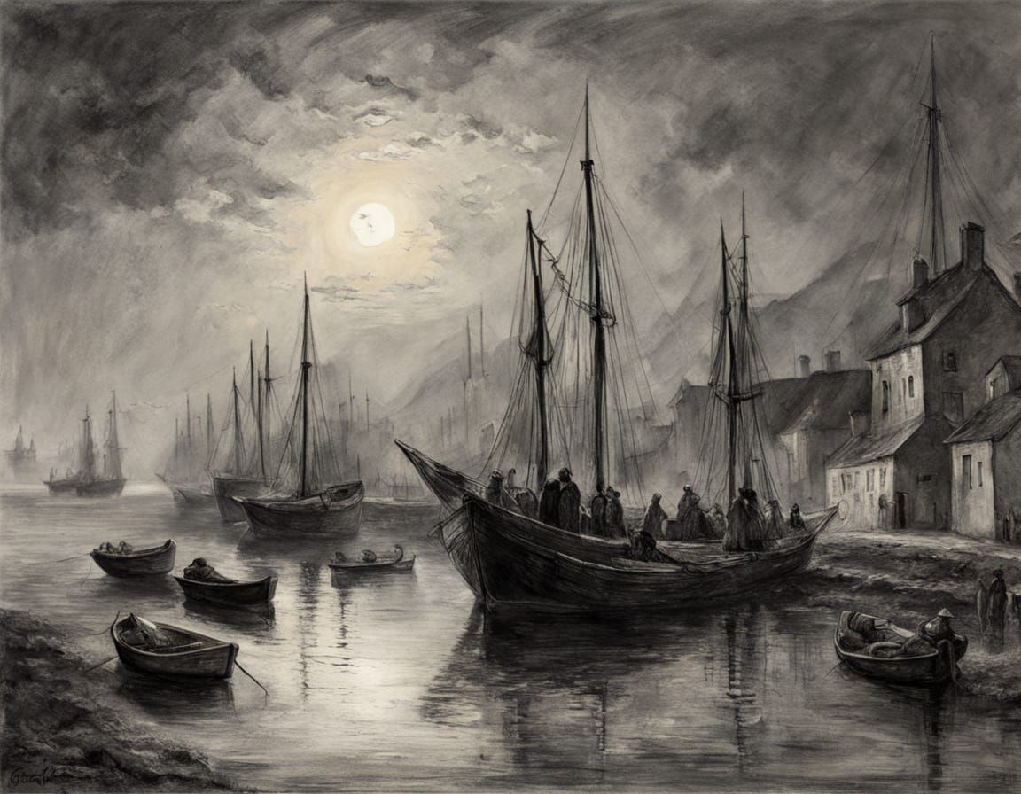 Ink Painting of Fishing Boats in Old Norman Harbour