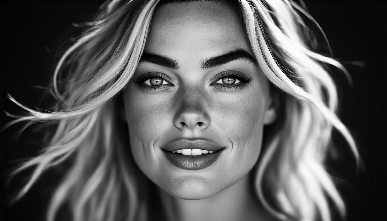 Realistic Portrait of Smiling Woman with Windswept Hair